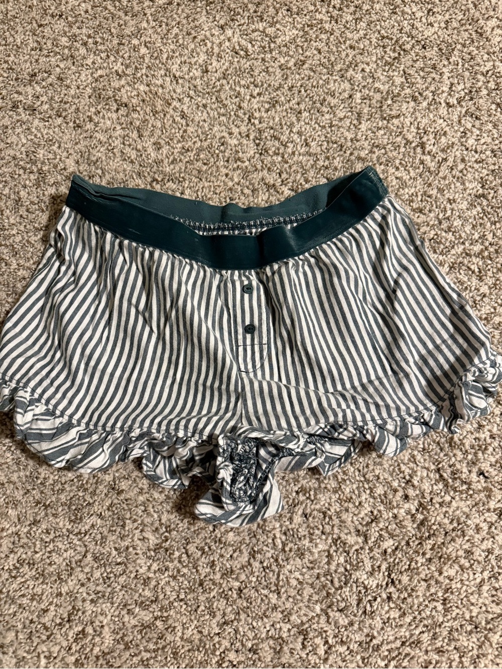 Striped Ruffle Hem Women's Pajama Shorts - Dark Green and White